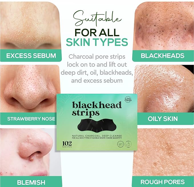 LivaClean (102 Strips Charcoal Blackhead Remover Pore Strips for Face Nose Pores, Blackheads Removal, Blackheads Removers, Blackhead Remover Strip