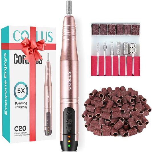 COSLUS Cordless Nail Drill Electric File: Professional for Acrylic Gel Dip Powder Nails Portable Nail Drill Machine Kit for Manicure Pedicure Nail Set with Everything Rechargeable Lightweight
