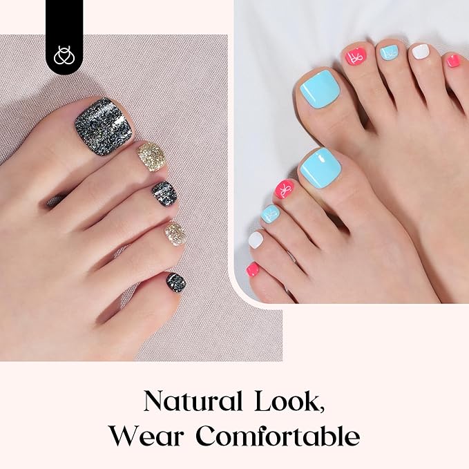 Beetles Toe Nail Press ons Kit 288Pcs 12 Colors, Press on Toenails Short Squaval Glossy Glitter With Nail Glue & Nail Tabs Stickers, Natural Fit Lightweight Fake ToeNails Nail Art For Women Girls