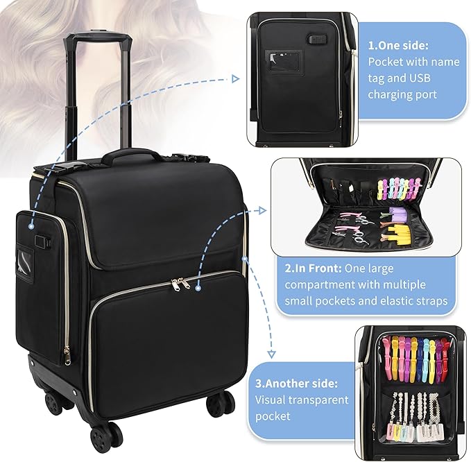 OCHEAL Hairstylist Traveling Case with a Large Makeup Travel Case for Hairstylist, Hairdresser Bag with Detachable Pouch,360° Rotatable Wheelsfor Hairdressing Tool Organizer 3 Makeup Bags