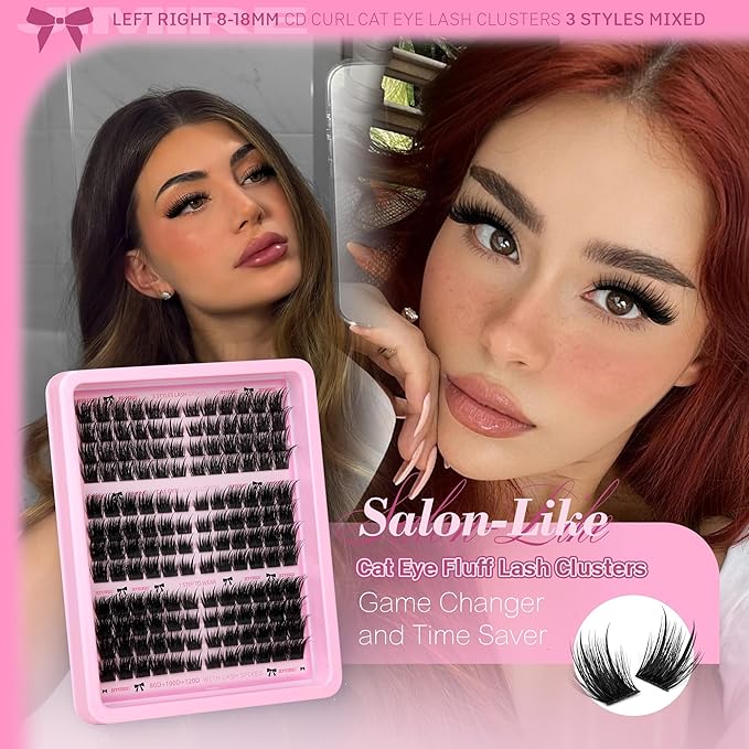 JIMIRE Wispy Lash Clusters with Spikes Cat Eye Cluster Eyelash Extensions 8-18MM C Curly Fuffy Eyelash Clusters 3 Styles Mixed Natural Spiky Cluster Lashes Easy to Apply DIY Lash Extension at Home