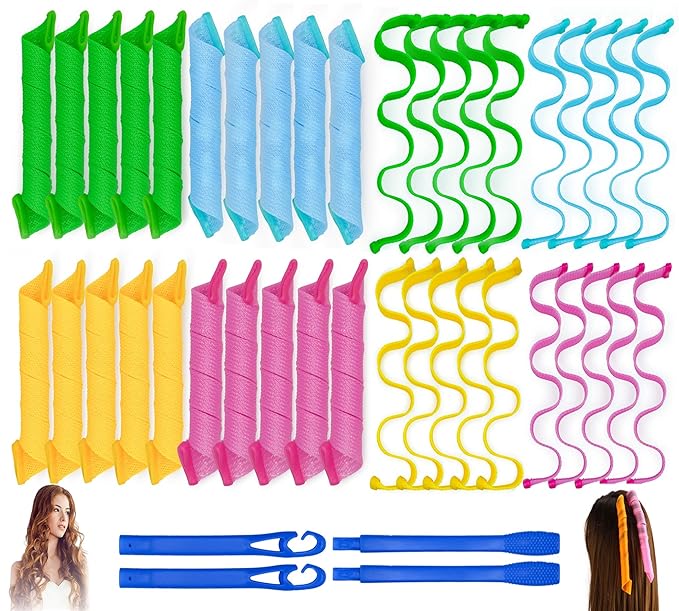 40PCS Hair Curlers Heatless Magic Hair Rollers Wave and Spiral Two Styles Formers(12inches) with 4PCS Styling Hooks Kit DIY Hair Curlers No Heat Damage for Most Hairstyles Short and Medium Hair