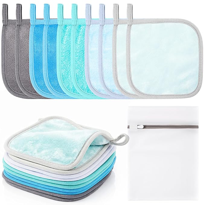 VitalCozy 10 Pack Makeup Remover Cloths, Makeup Remover Towels Reusable Face Cloth Eraser for Washing Face Microfiber Washcloth for Women Cleansing Just Water with Mesh Bag(Blue Colors)