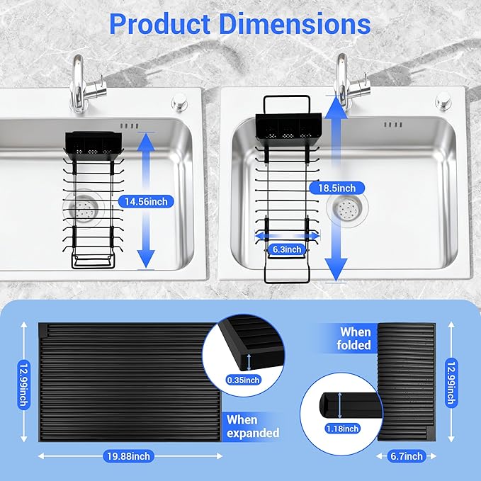 Dish Drying Rack, Stainless Steel Expandable Over/in Sink & Countertop, Space Saving Collapsible Rust-Proof Rack with Silicone Mat Cutlery Holder for Kitchen/RV/Commercial Use (14.56-18.5" L)