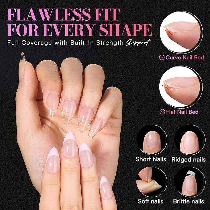 Makartt Short Almond Nail Tips: 240PCS, 15 Sizes, Pre Etched Fake Nails, Clear Gelly Half Matte Full Cover Soft Acrylic Press On Nail Extensions Salon and Home DIY for Flat & Natural Nail Beds