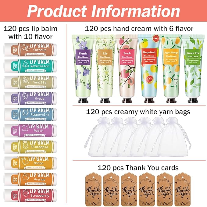 AZEN 120 Sets Bulk Gifts, Hand Cream and Lip Balm Bulk Set with Organza Bag Thank You Card, Baby Shower Wedding Gifts for Guests, Bridal Wedding Favors for Guests,Thank You Gifts for Women