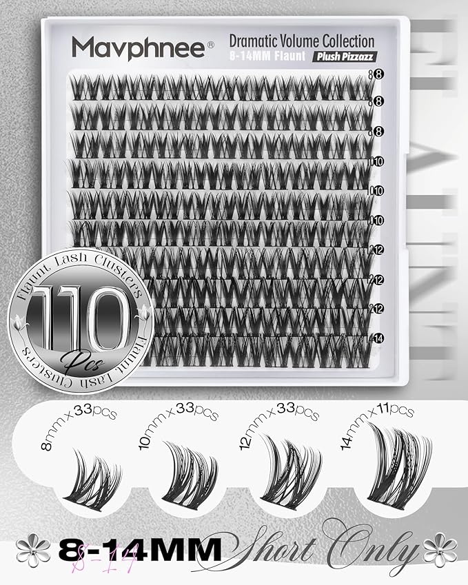 Flaunt Cluster Lashes Short 8-14MM Eyelash Clusters Wispy Lash Clusters Ultra-Dense Cluster Eyelash Extensions CD-Curly Wet Look Individual Lashes 110PCS Natural Clusters