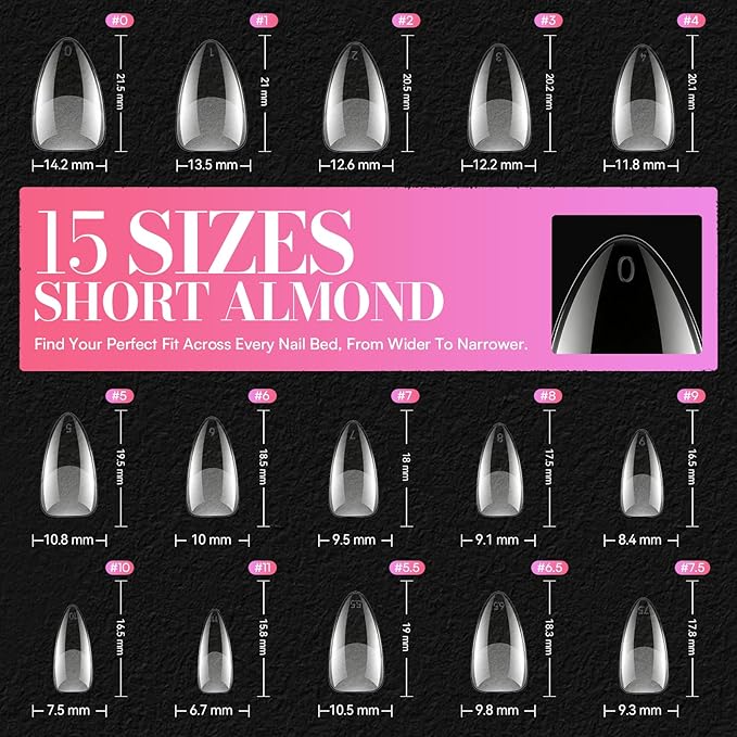 Makartt Short Almond Nail Tips: 240PCS, 15 Sizes, Pre Etched Fake Nails, Clear Gelly Half Matte Full Cover Soft Acrylic Press On Nail Extensions Salon and Home DIY for Flat & Natural Nail Beds