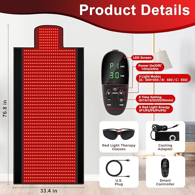Full Body Red Light Therapy Mat, 2in1 LEDs (660nm& 850nm) Red Light Therapy Blanket, Premium Material, Adjustable Timer & Intensity (1370 LEDs)