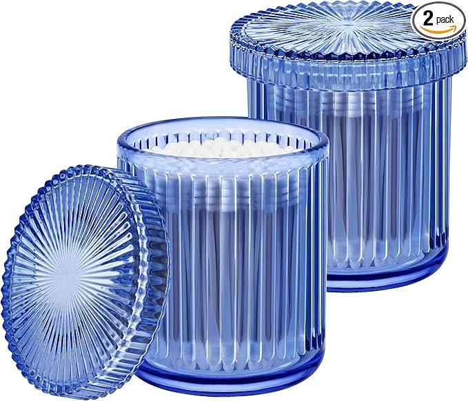 MKOSAB 2 Pack Qtip Holder - Apothecary Jars with Lids, Bathroom Organizers and Storage Canister for Cotton Balls,Swabs,Floss Picks,Hair Ties,Clear Glass Vintage Bathroom Decor Jar Set (Blue2)