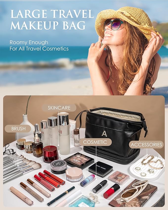 Make Up Bag-Initial Makeup Bags for Teens Girls, Dance Gifts Double Layer Cosmetic Bag with Makeup Brush Organizer, Teen Girl Gifts Trendy Stuff, Gifts for Friends Female Mom