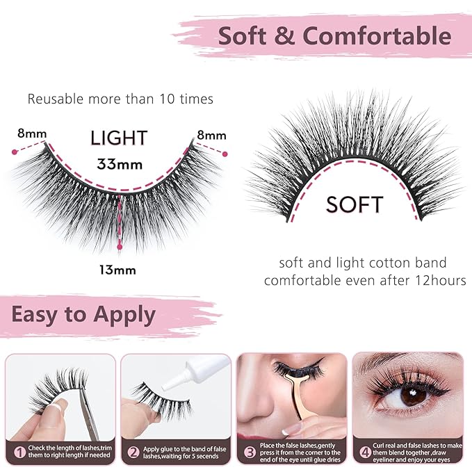 SONAFEEL Natural Lashes Short False Eyelashes 13mm Volume Strip Lashes 12Pairs 3d Mink Lashes Fluffy Reusable Fake Eyelashes Pack