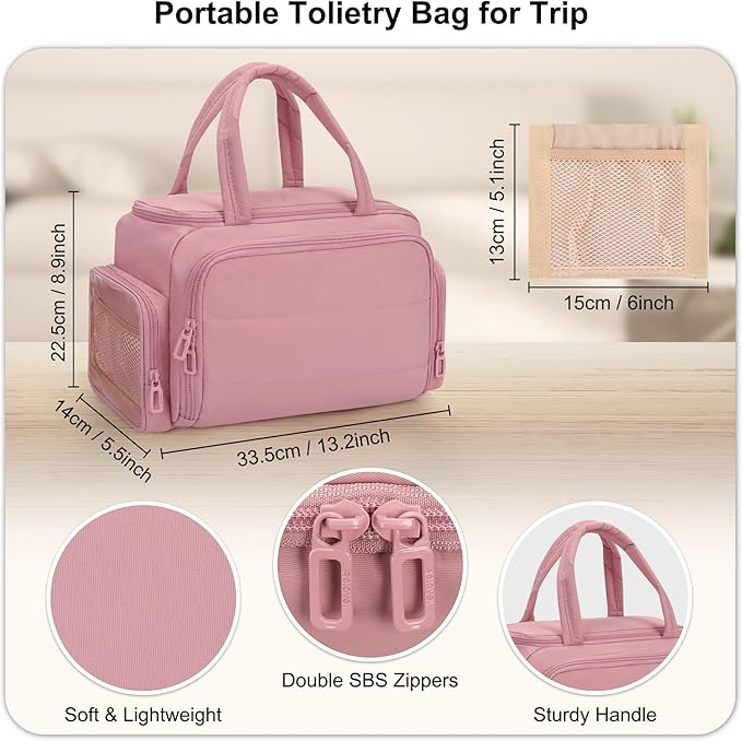 Travel Cosmetic Bag for Women, Lightweight Wide-open Makeup Travel Bags for Toiletries with 2 Removable Dividers, Large Makeup Organizer with Brushes Board, Multi Pockets for Gym, Daily, Pink
