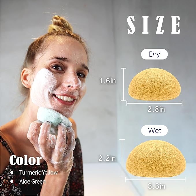 myHomeBody Natural Konjac Facial Sponges - for Gentle Face Cleansing and Exfoliation - with Turmeric Yellow and Aloe Vera, Set of 4