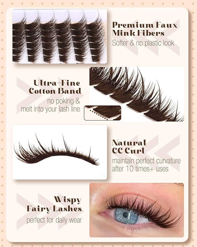 Brown Lash Clusters Pre-Mapped Eyelash Clusters Cat Eye Cluster Eyelash Extensions Fairy Wispy Cluster Lashes CC Curly Wet Look Individual Lashes Extensions 144Pcs 6-14MM Fox Eye Lashes Clusters