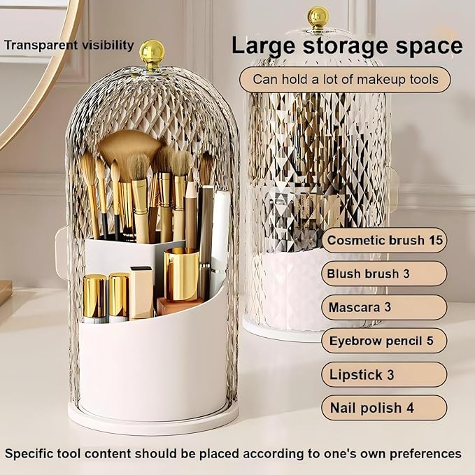 Makeup Brush Holder with Lid，Makeup Brush Storage Box with Diamond Pattern，360 Rotating Waterproof and Dustproof Beauty Brushes Storage for Vanity Bathroom,White