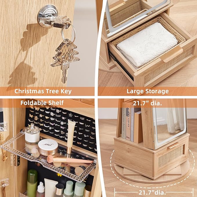 Rattan 360° Swivel Jewelry Armoire Cabinet Standing with Full Length Mirror, Lockable Jewelry Organizers and Drawer Storage with 3 Color LED Lights & Interior Mirror Rear Storage Shelves