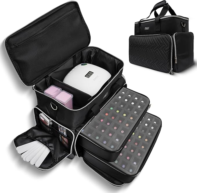 Riset Nail Polish Organizer Case Holds 96-100+ Bottles (15ml/0.5fl oz) - Nail Tech Travel Bag with Removable Dividers & Pouches, Fits UV Lamp & Manicure Tools, Spillproof Cover, Gift-Ready Box - Black