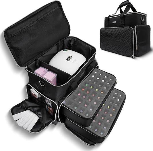 Riset Nail Polish Organizer Case Holds 96-100+ Bottles (15ml/0.5fl oz) - Nail Tech Travel Bag with Removable Dividers & Pouches, Fits UV Lamp & Manicure Tools, Spillproof Cover, Gift-Ready Box - Black