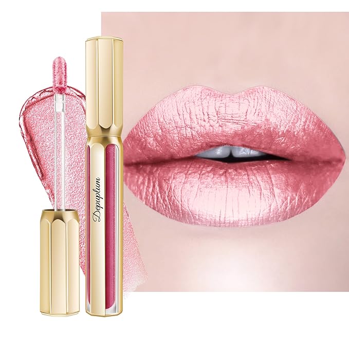 Depuplum light Pink Lipsticks for Women Metallic Lipstick Long Lasting Non Stick Cup Lip Gloss, Shimmer Lightweight Hydrating Full Coverage Lip Color, DP114 Daytime