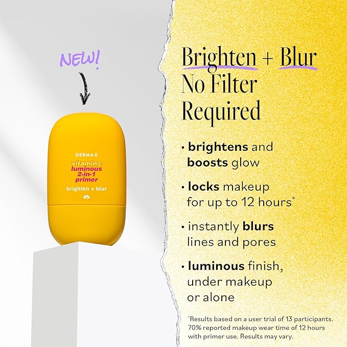 DERMA E Face Primer, Vitamin C Luminous 2-in-1 Brighten & Blur Primer, 1 Fl Oz, Stabilized Vitamin C, Hyaluronic Acid & Aloe Vera, Blurs Appearance of Pores, Wear Under Makeup for All Day Hold