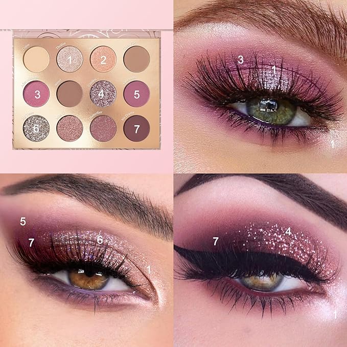 KYDA 12 Colors Dusty Rose Eyeshadow Palette, Sparkling Champagne Rose Gold Eyeshadow, Matte Pastel Violet Soft Pink Eye Shadow, Ultra-fine Smooth Blendable Powder, Pink Purple Eyes Glow Makeup