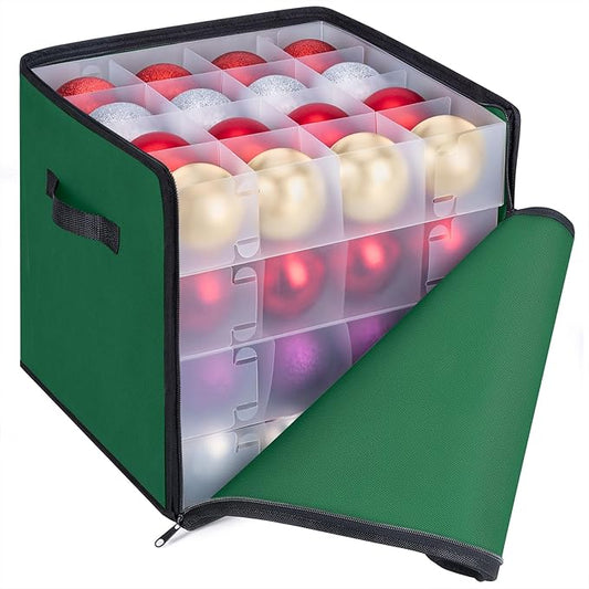 BALEINE Christmas Ornament Storage Box with Dividers, Premium Holiday Ornaments Storage Container Bin for Xmas Decorations (64 Ball, Green, Soft)