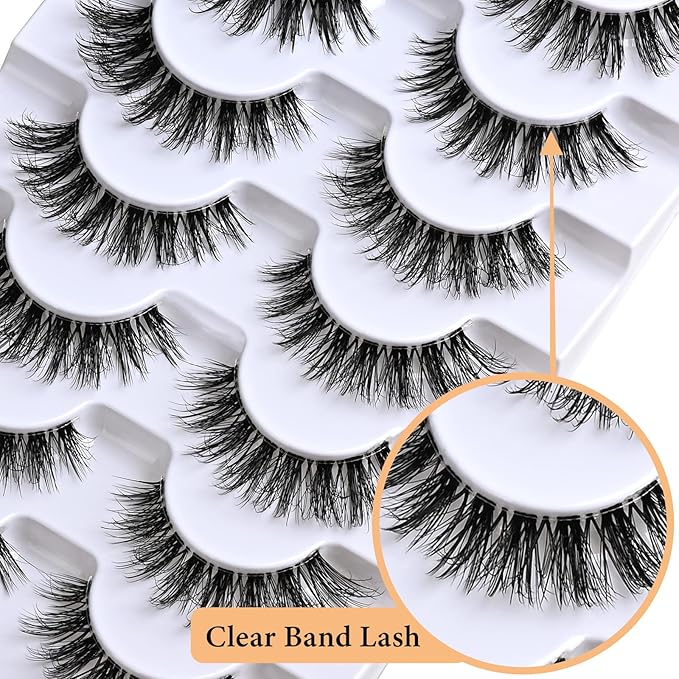 Lashes Wispy False Eyelashes Natural Cat Eye Strip Lash Fluffy Fake Lashes Strips Clear Band Mink Eyelash Natural Look Cateye Demi Wispies Eye Lashes Pack 7 Pairs Short Full Pestañas Set