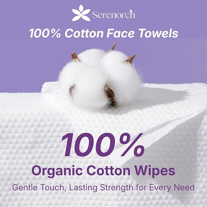 Serenorch 100% Cotton Disposable Face Towels, Soft Cotton Tissue for Sensitive Skin, Daily Cleansing & Makeup Removal, Hanging Facial Dry Wipe