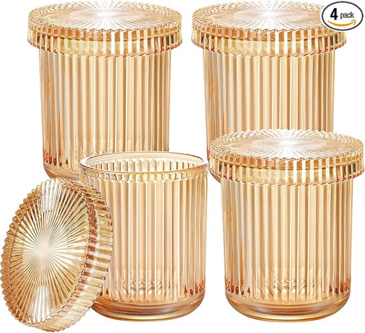 SheeChung 4-Pack Amber Glass Apothecary Jars - Vintage Sunburst Bathroom Organizer Set - Qtip Holder Dispenser, Cotton Swab Ball Pad Storage - Luxury Farmhouse Vanity Canisters