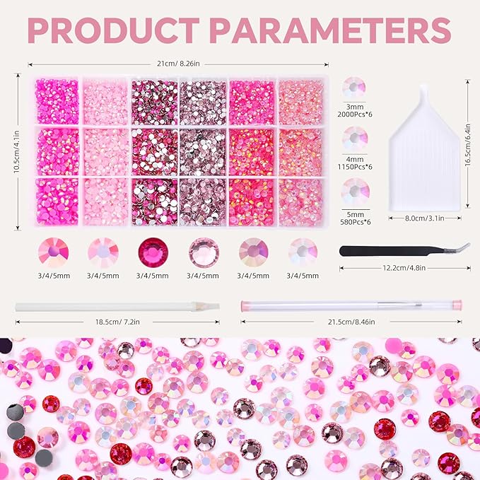 22380 pcs Resin AB Crystals Gemstones, 6 Colors Round Gems for Crafts Makeup Face Clothes Shoes Tumbler DIY Decoration 3/4/5mm (Pink Mix Rhinestones)
