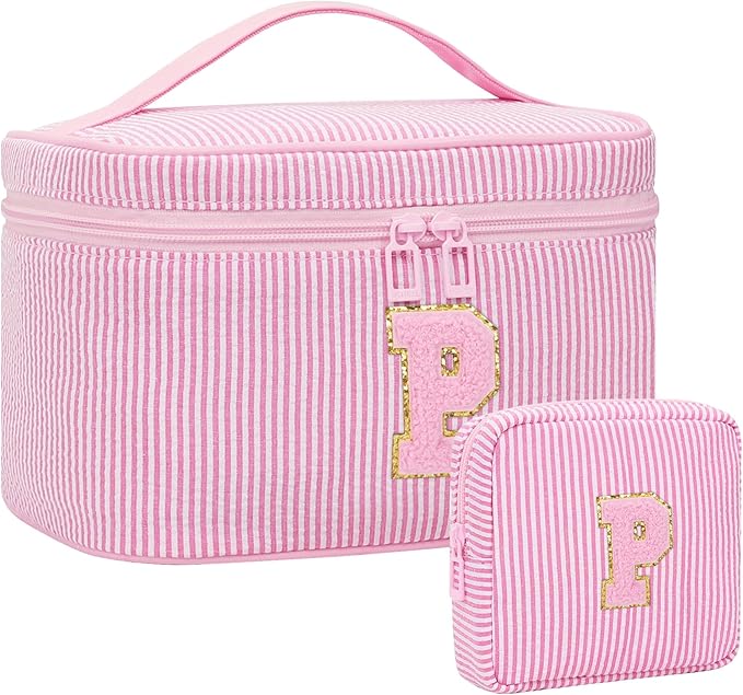 MONSTINA Period Bag Sanitary Napkin Storage Bag|Tampon Pouch Portable Feminine Care First Period Kit for Teen Girls Women Gift for Her Monogram Initial Cute Toiletry Bag,2PCS Pink P