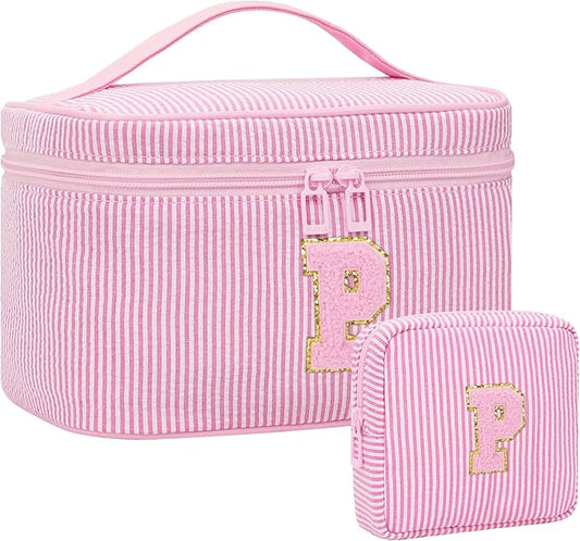 MONSTINA Period Bag Sanitary Napkin Storage Bag|Tampon Pouch Portable Feminine Care First Period Kit for Teen Girls Women Gift for Her Monogram Initial Cute Toiletry Bag,2PCS Pink P