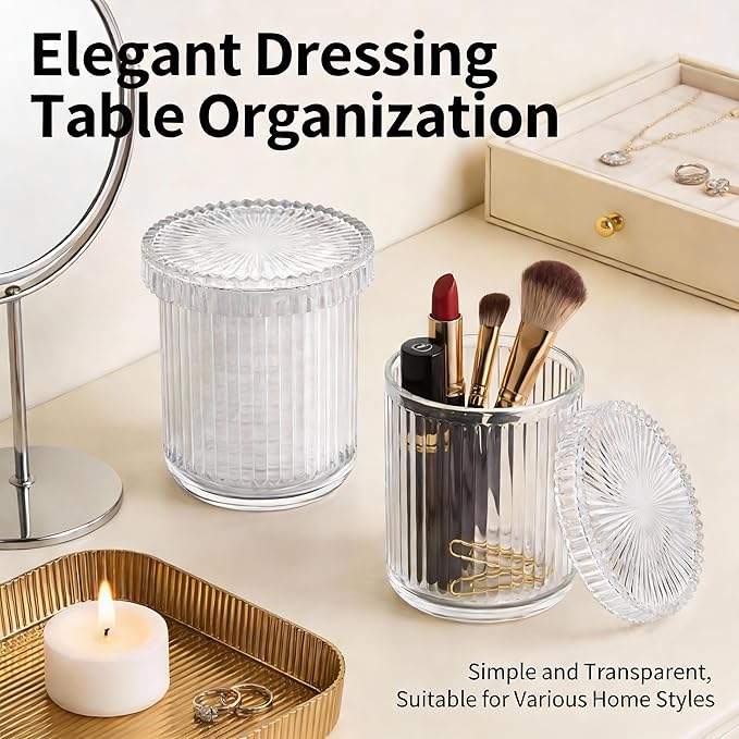 ESEHGS 2 Pack Glass Qtip Holder Dispenser Set - Bathroom Organizer for Cotton Swabs, Balls, Pads, Floss Picks - Clear Apothecary Jars for Vanity, Makeup Storage, Bathroom Accessories Decor (Clear)