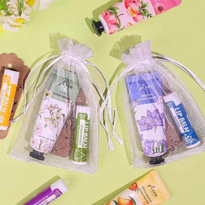 AZEN 32 Sets Bulk Gifts, Hand Cream and Lip Balm Bulk Set with Organza Bag Thank You Card, Baby Shower Wedding Gifts for Guests, Bridal Wedding Favors for Guests,Thank You Gifts for Women