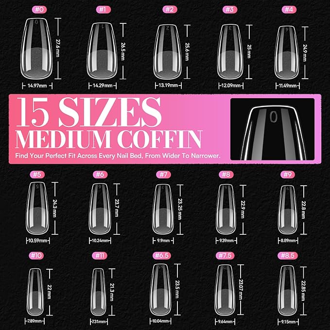 Makartt Coffin Nail Tips: Medium, 504 PCS, 15 Sizes, Half Matte, Clear Fake Nails Ballerina Shapes - Full Cover Soft Acrylic Press On Nail Extensions Supplies Salon and Diy at Home