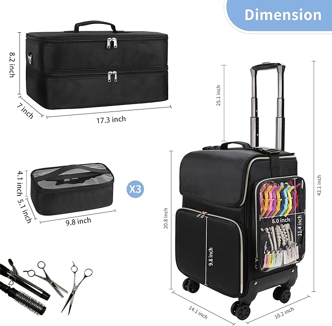 OCHEAL Hairstylist Traveling Case with a Large Makeup Travel Case for Hairstylist, Hairdresser Bag with Detachable Pouch,360° Rotatable Wheelsfor Hairdressing Tool Organizer 3 Makeup Bags