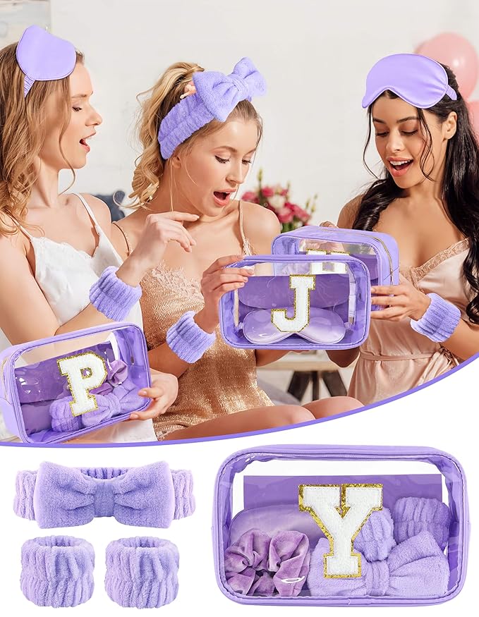 Gift Sets for Women, Initial Makeup Bag with Makeup Brush Set Bachelorette Party Favors, Purple Spa Kit with Skincare Headbands Wrist Bands Sleepover Party Supplies Gifts for Teen Girls Bridesmaid Y