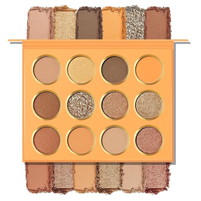 KYDA 12 Colors Orange Brown Eyeshadow Palette, Ultra-rich Glitter Golden Brown Eyeshadow, Matte Warm Orange Neutral Nude Eye Shadow Palette, Soft Blendable Powder, Daily Neutral Eyes Shadow