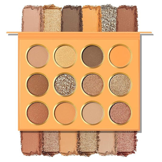 KYDA 12 Colors Orange Brown Eyeshadow Palette, Ultra-rich Glitter Golden Brown Eyeshadow, Matte Warm Orange Neutral Nude Eye Shadow Palette, Soft Blendable Powder, Daily Neutral Eyes Shadow