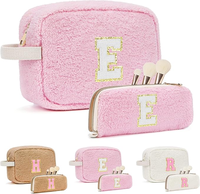 2PCS Makeup Bag with Initials, Valentines Day Gifts for Teen Girls Trendy Stuff, Personalized Cosmetic Travel Bag Pouch for Granddaughter, Cute Plush Make up Bags for Birthday - Pink E
