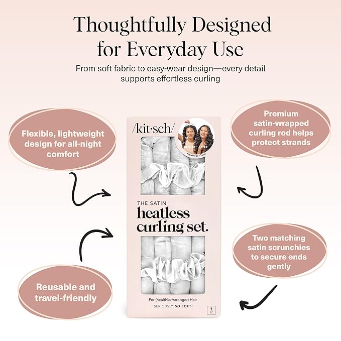 Kitsch Satin Heatless Curling Set – Heatless Curls Overnight with 34" Hair Curler & 2 Satin Scrunchies – Comfortable Hair Curlers to Sleep In for Frizz-Free, No Heat Damage Styling - Ivory