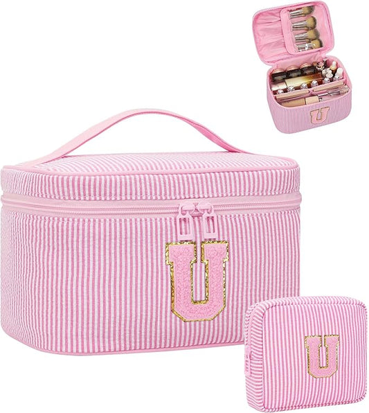 MONSTINA Period Bag Sanitary Napkin Storage Bag|Tampon Pouch Portable Feminine Care First Period Kit for Teen Girls Women Gift for Her Monogram Initial Cute Toiletry Bag,2PCS,Pink U