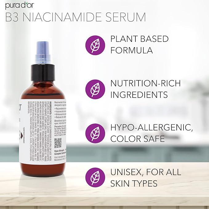 PURA D'OR B3 Niacinamide Advanced Facial Serum (3.3oz x3 = 9.9oz) Skin Care Formula with Retinol For Wrinkles, Hydration & Complexion - All Skin Types, Hypoallergenic - Women & Men