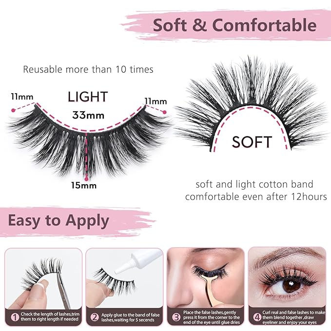 SONAFEEL 12Pairs Hybrid False Eyelashes, 15mm Spiky Manga Lashes, Wispy Fluffy 6d Faux Mink, Reusable, Black, Vegan, Cruelty Free