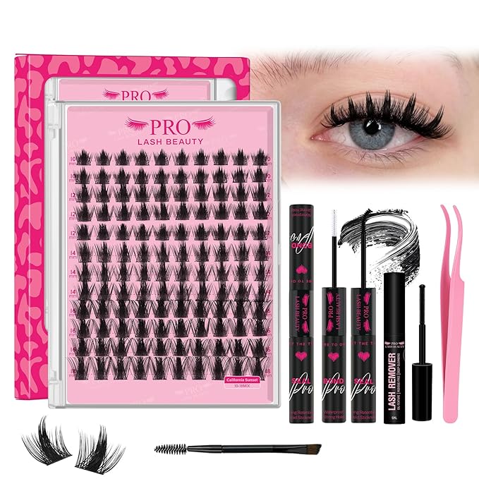 PRO LASHBEAUTY California Sunset Lash Clusters Kit Wispy Eyelash Clusters Lashes Natural DIY Lash Extension Kit Cluster Eyelash Extensions Kit Individual Lashes Cluster Eyelash (Sunset, 10-18mix)