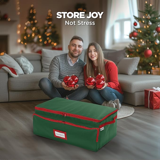 Premium Christmas Ornament Storage Box – Holds up to 72-3” Ornaments + 6 Side Slots for Figurines & Nutcrackers – Holiday Decoration Organizer – Durable 600D Green Canvas