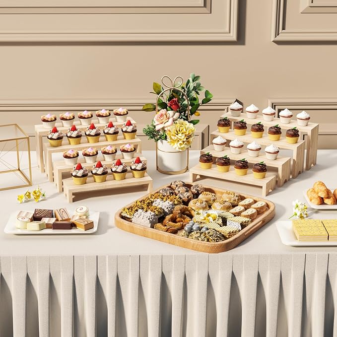 4 Tier Large Display Wooden Riser Stand 2 Set Decorative Rectangular Wood Racks 8 Pieces Stackable Perfume Organizer Cologne Stand Wood Dessert Table Display Set for Vendor Events (Wood color, 8PCS)