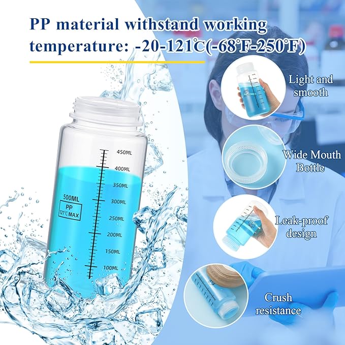Tatuo 24 Pcs 16 oz 500 ml Polypropylene Plastic Sample Bottles with Screw Caps Sample Containers with Lid for Liquids, Reagent, Pill, Travel, Laboratory, Storage at Home(Wide Mouth-dark Scale)