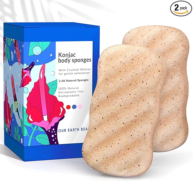 Konjac Sponge Body (2 Pack) Exfoliating Walnut | Microplastic Free 100% Natural | Non-Toxic | Biodegradable | Eco-Friendly | Plastic Free Packaging